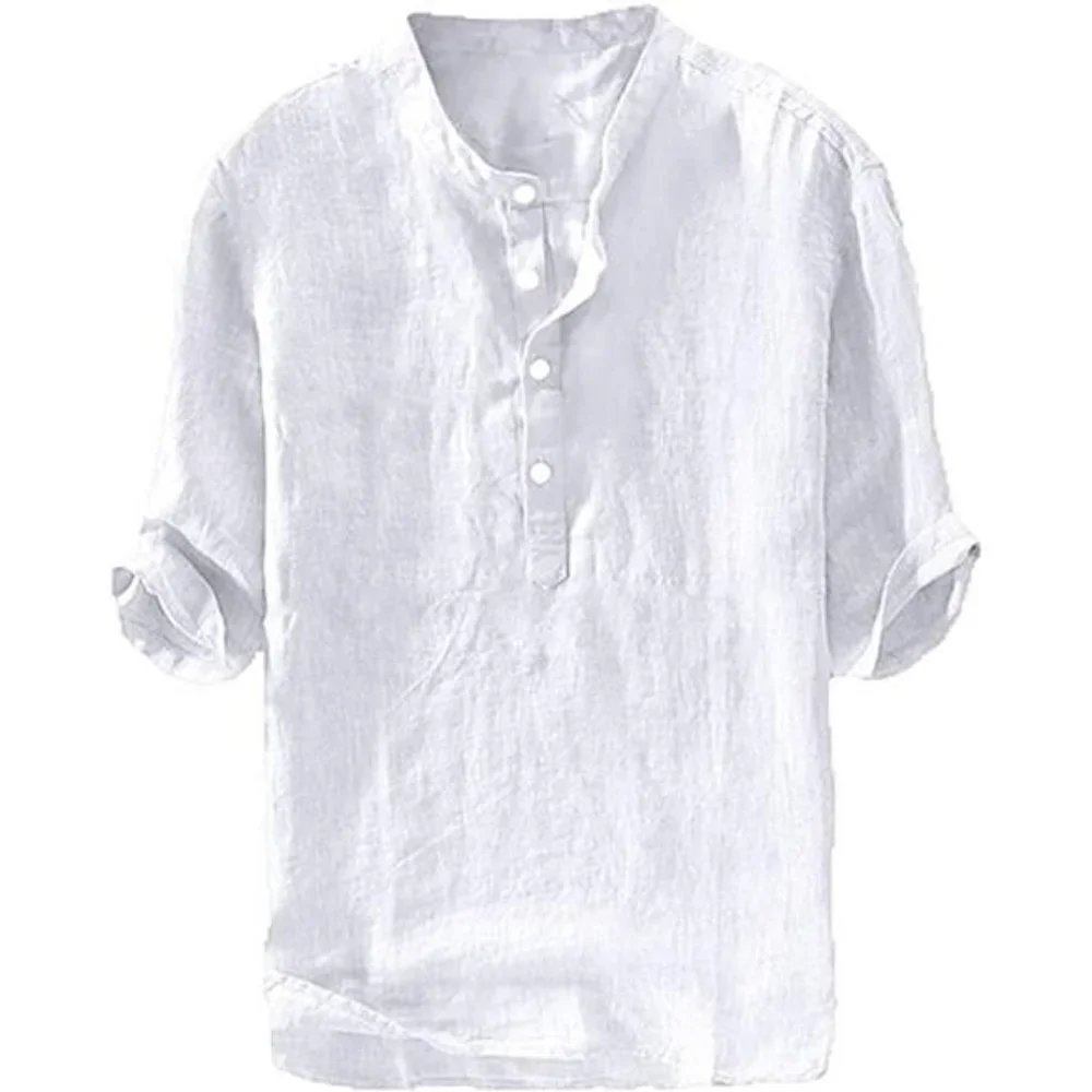 Men's Linen Shirts Henley 3/4 Sleeve Casual Cotton T-Shirt Regular-Fit Tunic Top